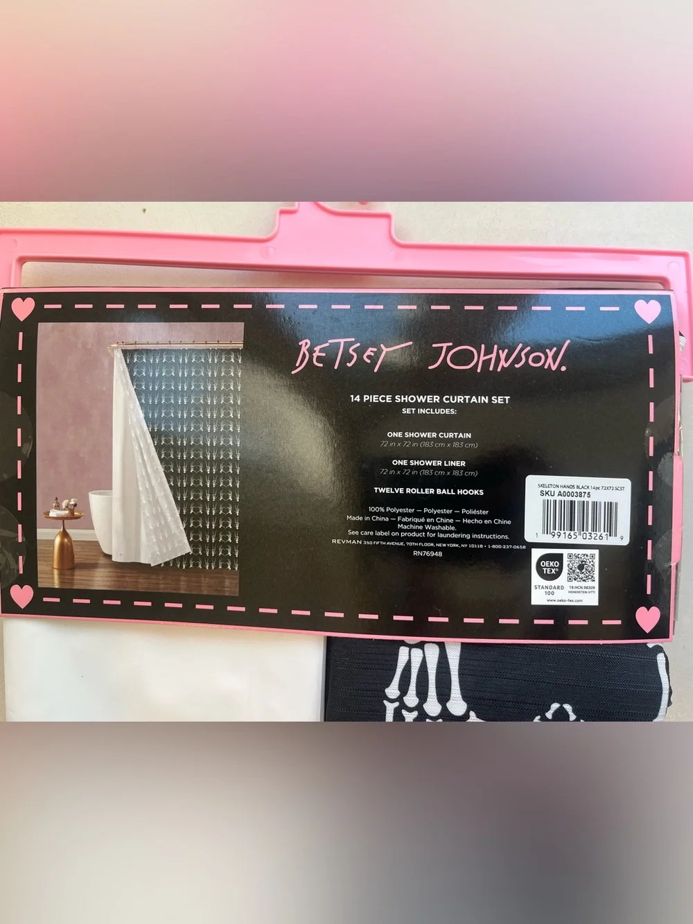 Betsey Johnson Halloween Black & White Skeleton Hand Heart Shower Curtain Set